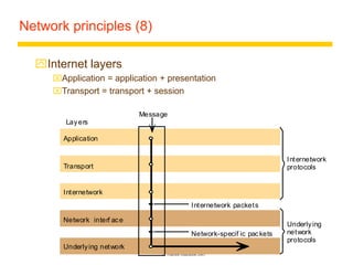 Instructor’s Guide for Coulouris, Dollimore and Kindberg Distributed Systems: Concepts and Design Edn. 4
© Pearson Education 2005
Network principles (8)
Internet layers
Application = application + presentation
Transport = transport + session
Underlying network
Application
Network interf ace
Transport
Internetwork
Internetwork packets
Network-specif ic packets
Message
Layers
Internetwork
protocols
Underlying
network
protocols
 