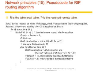 Instructor’s Guide for Coulouris, Dollimore and Kindberg Distributed Systems: Concepts and Design Edn. 4
© Pearson Education 2005
Network principles (15): Pseudocode for RIP
routing algorithm
 Tl is the table local table; Tr is the received remote table
Send: Each t seconds or when Tl changes, send Tl on each non-faulty outgoing link.
Receive: Whenever a routing table Tr is received on link n:
for all rows Rr in Tr {
if (Rr.link != n) { // destination not routed via the receiver
Rr.cost = Rr.cost + 1;
Rr.link = n;
if (Rr.destination is not in Tl) add Rr to Tl;
// add new destination to Tl
else for all rows Rl in Tl {
if (Rr.destination = Rl.destination and
(Rr.cost < Rl.cost or Rl.link = n)) Rl = Rr;
// Rr.cost < Rl.cost : remote node has better route
// Rl.link = n : remote node is more authoritative
}
}
}
 