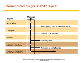 Instructor’s Guide for Coulouris, Dollimore and Kindberg Distributed Systems: Concepts and Design Edn. 4
© Pearson Education 2005
Internet protocols (2): TCP/IP layers
Messages (UDP) or Streams (TCP)
Application
Transport
Internet
UDP or TCP packets
IP datagrams
Network-specific frames
Message
Layers
Underlying network
Network interface
 