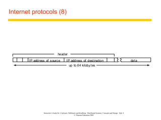 Instructor’s Guide for Coulouris, Dollimore and Kindberg Distributed Systems: Concepts and Design Edn. 4
© Pearson Education 2005
Internet protocols (8)
data
IP address of destination
IP address of source
header
up to 64 kilobytes
 