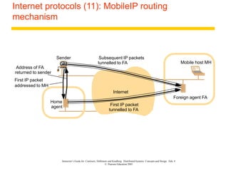 Instructor’s Guide for Coulouris, Dollimore and Kindberg Distributed Systems: Concepts and Design Edn. 4
© Pearson Education 2005
Internet protocols (11): MobileIP routing
mechanism
Sender
Home
Mobile host MH
Foreign agent FA
Internet
agent
First IP packet
addressed to MH
Address of FA
returned to sender
First IP packet
tunnelled to FA
Subsequent IP packets
tunnelled to FA
 