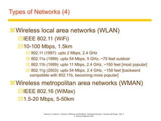Instructor’s Guide for Coulouris, Dollimore and Kindberg Distributed Systems: Concepts and Design Edn. 4
© Pearson Education 2005
Types of Networks (4)
Wireless local area networks (WLAN)
IEEE 802.11 (WiFi)
10-100 Mbps, 1.5km
 802.11 (1997): upto 2 Mbps, 2.4 GHz
 802.11a (1999): upto 54 Mbps, 5 GHz, ~75 feet outdoor
 802.11b (1999): upto 11 Mbps, 2.4 GHz, ~150 feet [most popular]
 802.11g (2003): upto 54 Mbps, 2.4 GHz, ~150 feet [backward
compatible with 802.11b, becoming more popular]
Wireless metropolitan area networks (WMAN)
IEEE 802.16 (WiMax)
1.5-20 Mbps, 5-50km
 