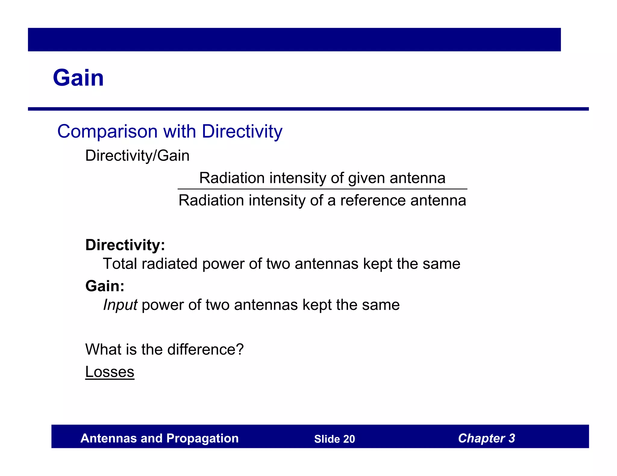 Chapter 3
Antennas and Propagation Slide 20
Gain
Comparison with Directivity
Directivity/Gain
Radiation intensity of given antenna
Radiation intensity of a reference antenna
Directivity:
Total radiated power of two antennas kept the same
Gain:
Input power of two antennas kept the same
What is the difference?
Losses
 