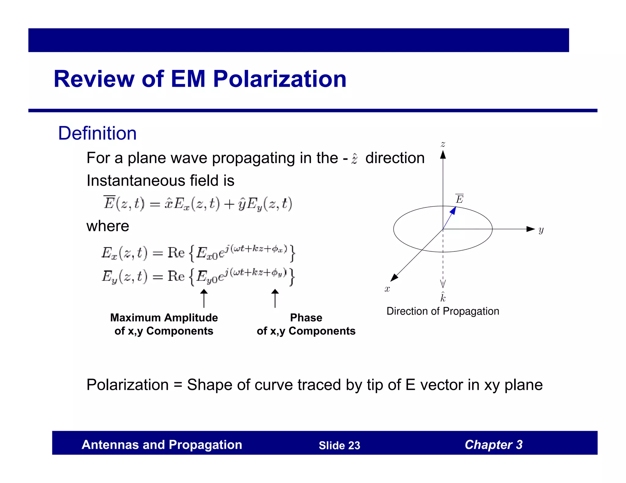 Chapter 3
Antennas and Propagation Slide 23
Review of EM Polarization
Definition
For a plane wave propagating in the - direction
Instantaneous field is
where
Polarization = Shape of curve traced by tip of E vector in xy plane
Maximum Amplitude
of x,y Components
Phase
of x,y Components
 