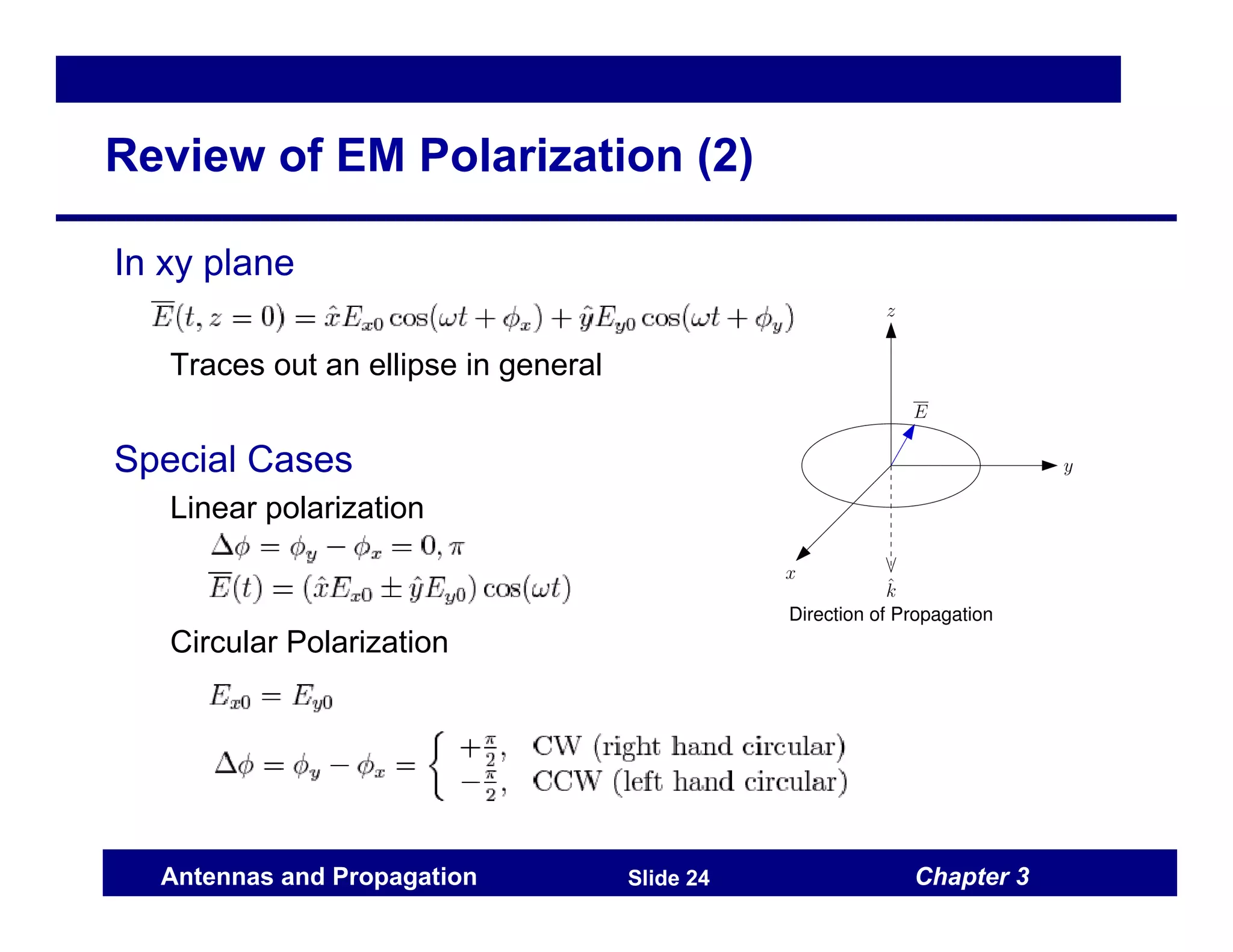 Chapter 3
Antennas and Propagation Slide 24
Review of EM Polarization (2)
In xy plane
Traces out an ellipse in general
Special Cases
Linear polarization
Circular Polarization
 