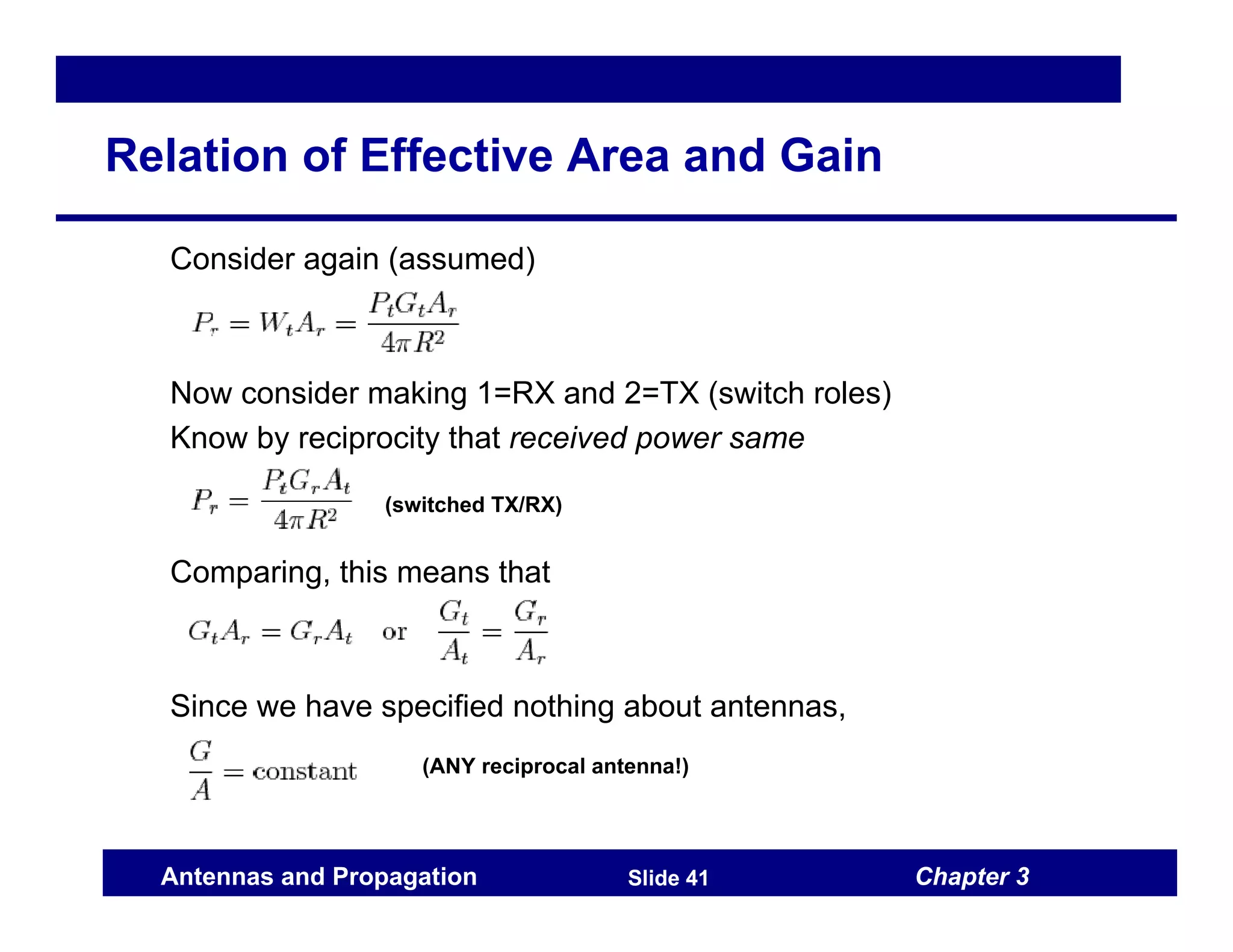 Chapter 3
Antennas and Propagation Slide 41
Relation of Effective Area and Gain
Consider again (assumed)
Now consider making 1=RX and 2=TX (switch roles)
Know by reciprocity that received power same
Comparing, this means that
Since we have specified nothing about antennas,
(switched TX/RX)
(ANY reciprocal antenna!)
 