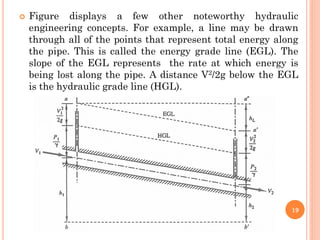  Figure displays a few other noteworthy hydraulic
engineering concepts. For example, a line may be drawn
through all of the points that represent total energy along
the pipe. This is called the energy grade line (EGL). The
slope of the EGL represents the rate at which energy is
being lost along the pipe. A distance V2/2g below the EGL
is the hydraulic grade line (HGL).
19
 