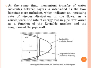  At the same time, momentum transfer of water
molecules between layers is intensified as the flow
becomes more turbulent, which indicates an increasing
rate of viscous dissipation in the flows. As a
consequence, the rate of energy loss in pipe flow varies
as a function of the Reynolds number and the
roughness of the pipe wall.
9
 