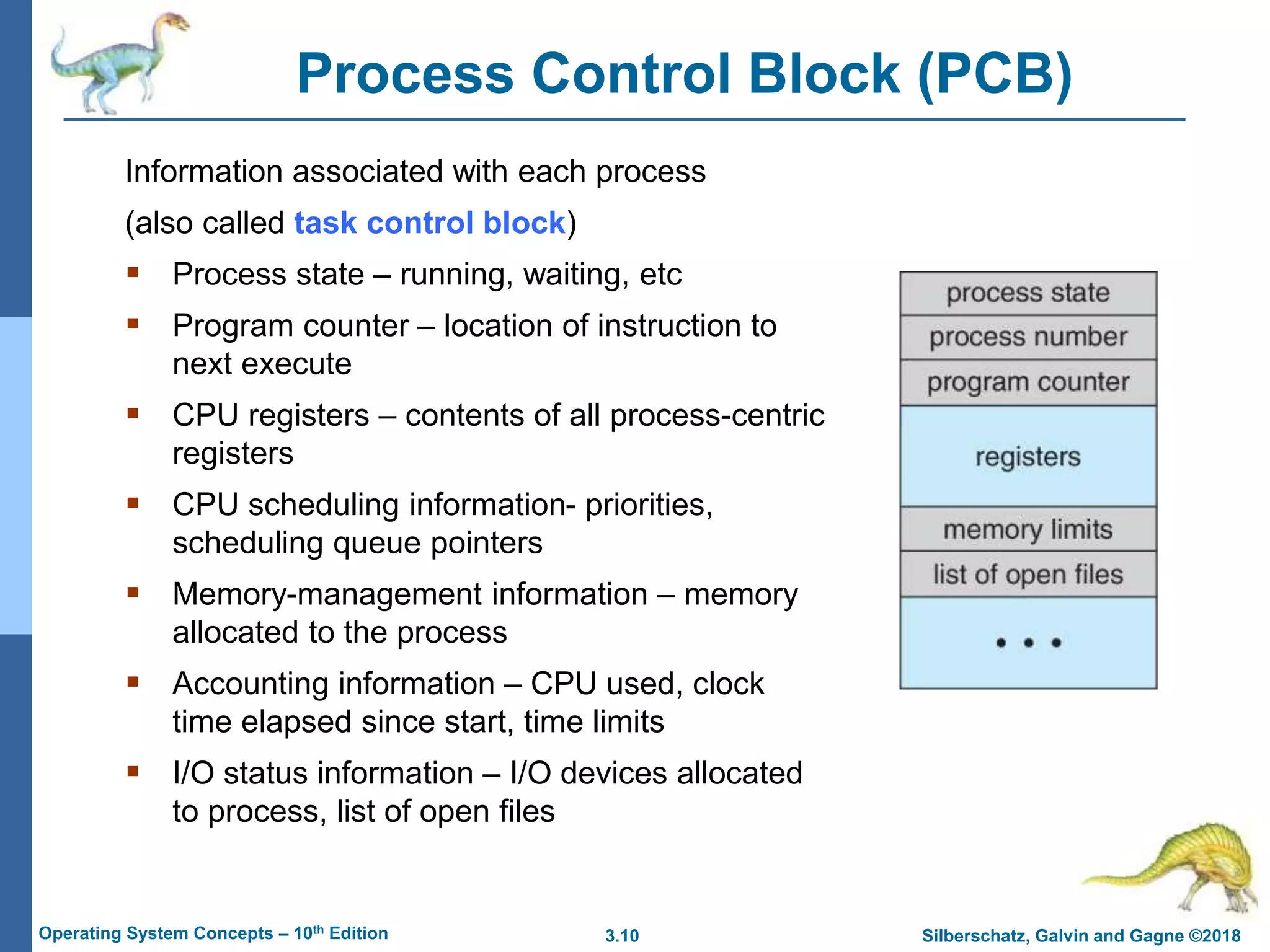 3.10 Silberschatz, Galvin and Gagne ©2018
Operating System Concepts – 10th Edition
Process Control Block (PCB)
Information associated with each process
(also called task control block)
 Process state – running, waiting, etc
 Program counter – location of instruction to
next execute
 CPU registers – contents of all process-centric
registers
 CPU scheduling information- priorities,
scheduling queue pointers
 Memory-management information – memory
allocated to the process
 Accounting information – CPU used, clock
time elapsed since start, time limits
 I/O status information – I/O devices allocated
to process, list of open files
 