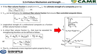  If the fiber volume fraction is small (<<<< V min ), the ultimate strength of a composite given by:
3.2.4 Failure Mechanism and Strength . . .
𝝈𝒄𝒖 = (𝝈𝒎𝒖) (1-Vf)
 V min can be defined as the minimum fiber volume fraction that ensures fiber-controlled composite failure.
 Longitudinal strength of a unidirectional composite as a function
of fiber volume fraction is shown
. . . . . (II)
 A critical fiber volume fraction Vcri, that must be exceeded for
strengthening therefore can be defined as follows:
or
 Thus Vcrit is obviously a more important system property than Vmin·
 