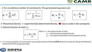 For an arbitrary number of constituents. The generalized equations are:
Theoretical density ≠ experimentally determined density. Due to voids in the composite.
Volume fraction of voids Vv:
 In an actual composite, the void content may be determined by following ASTM (American Society for Testing and Materials)
Standard D2734-94 (reapproved 2003).
Where: Vv = the volume fraction of voids
𝜌𝑐𝑡 = the theoretical composite density
𝜌𝑐𝑒 = the experimentally determined composite density
 