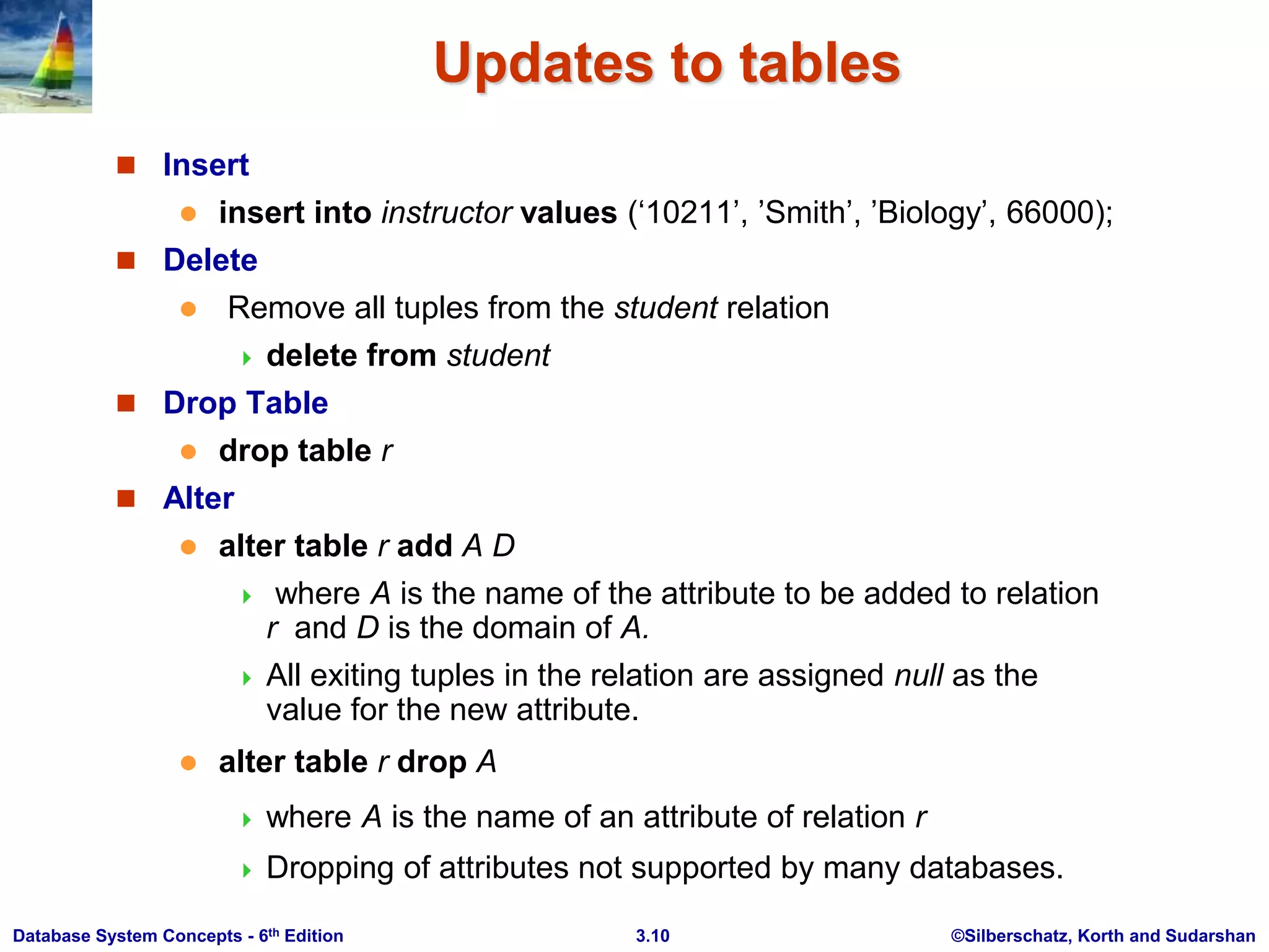 ©Silberschatz, Korth and Sudarshan
3.10
Database System Concepts - 6th Edition
Updates to tables
 Insert
 insert into instructor values (‘10211’, ’Smith’, ’Biology’, 66000);
 Delete
 Remove all tuples from the student relation
 delete from student
 Drop Table
 drop table r
 Alter
 alter table r add A D
 where A is the name of the attribute to be added to relation
r and D is the domain of A.
 All exiting tuples in the relation are assigned null as the
value for the new attribute.
 alter table r drop A
 where A is the name of an attribute of relation r
 Dropping of attributes not supported by many databases.
 