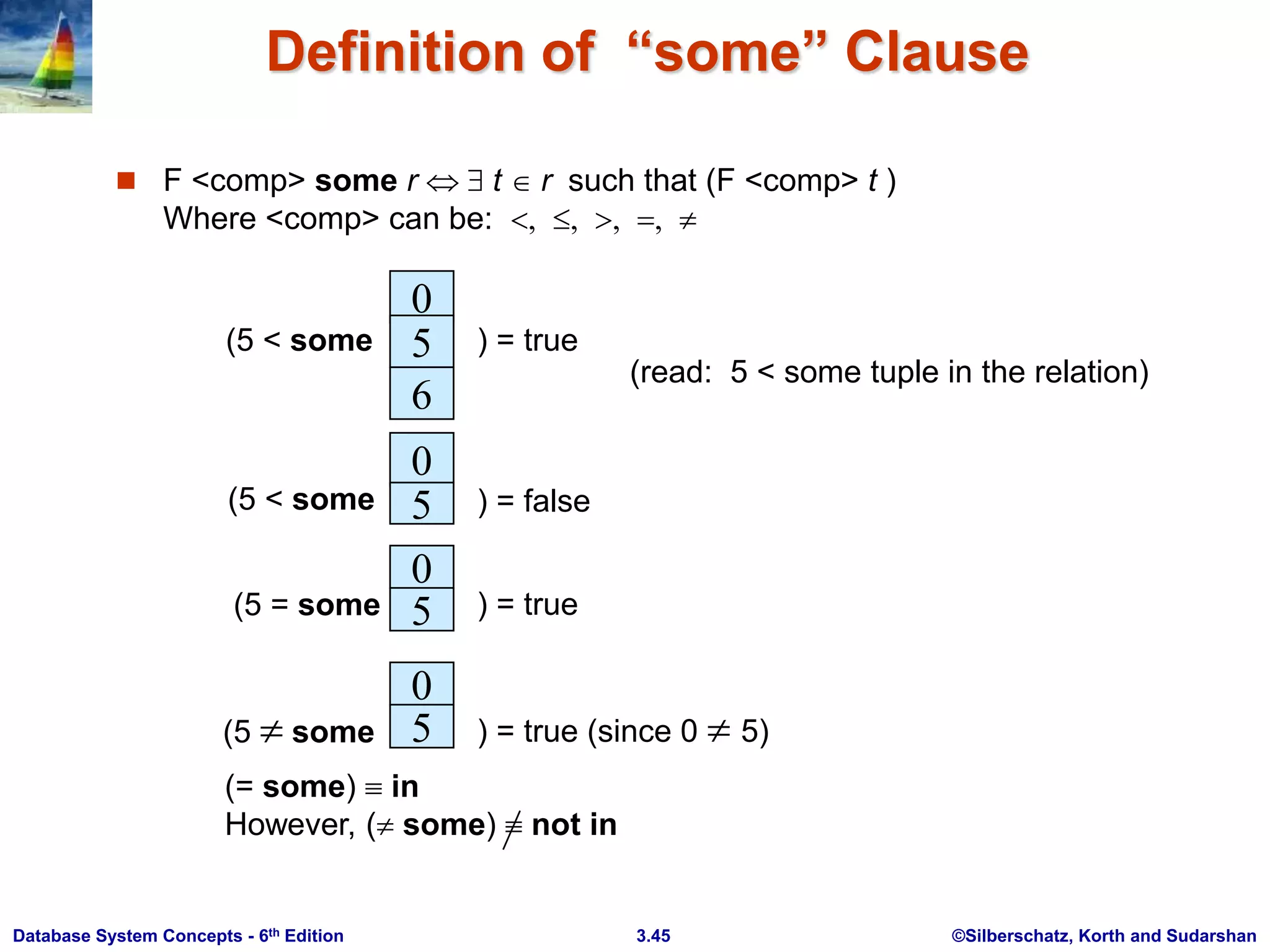 ©Silberschatz, Korth and Sudarshan
3.45
Database System Concepts - 6th Edition
Definition of “some” Clause
 F <comp> some r t  r such that (F <comp> t )
Where <comp> can be:     
0
5
6
(5 < some ) = true
0
5
0
) = false
5
0
5
(5  some ) = true (since 0  5)
(read: 5 < some tuple in the relation)
(5 < some
) = true
(5 = some
(= some)  in
However, ( some)  not in
 