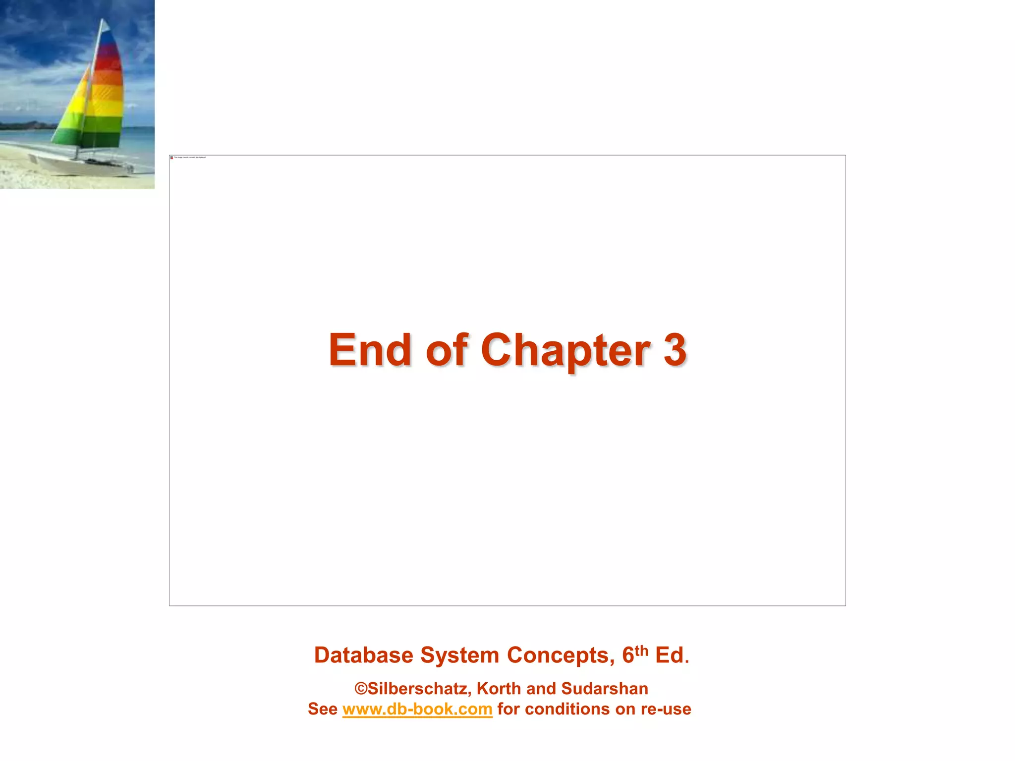 Database System Concepts, 6th Ed.
©Silberschatz, Korth and Sudarshan
See www.db-book.com for conditions on re-use
End of Chapter 3
 