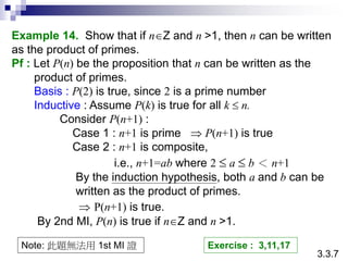 Example 14. Show that if nZ and n >1, then n can be written
as the product of primes.
Pf : Let P(n) be the proposition that n can be written as the
product of primes.
Basis : P(2) is true, since 2 is a prime number
Inductive : Assume P(k) is true for all k  n.
Consider P(n+1) :
Case 1 : n+1 is prime  P(n+1) is true
Case 2 : n+1 is composite,
i.e., n+1=ab where 2  a  b ＜ n+1
By the induction hypothesis, both a and b can be
written as the product of primes.
 P(n+1) is true.
By 2nd MI, P(n) is true if nZ and n >1.
Note: 此題無法用 1st MI 證 Exercise : 3,11,17
3.3.7
 