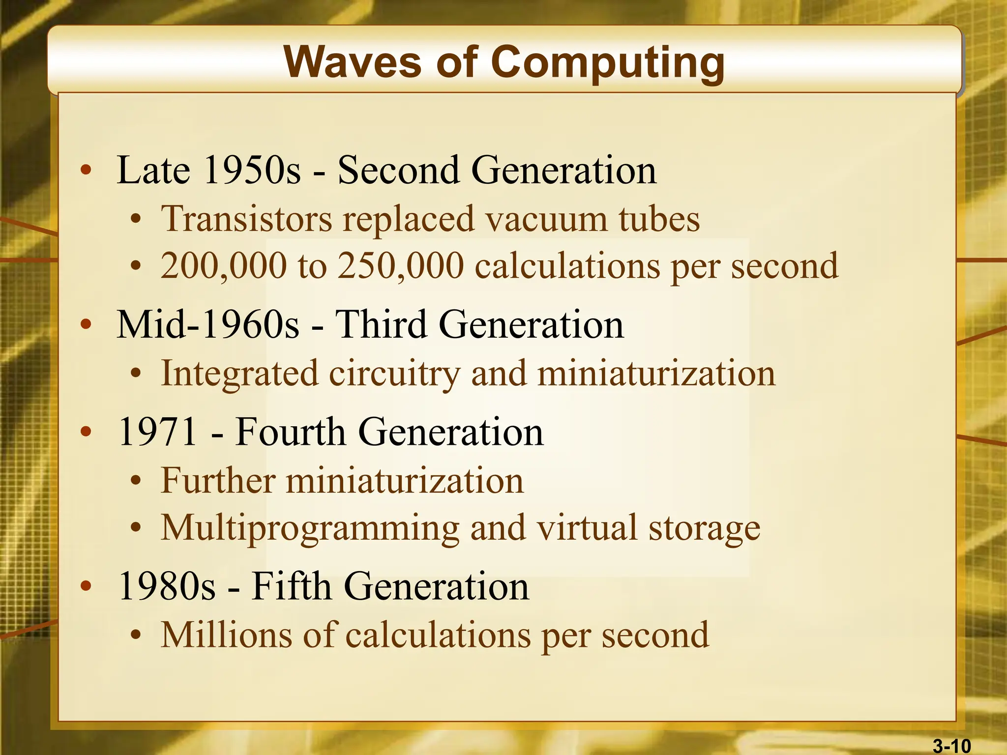3-10
Waves of Computing
• Late 1950s - Second Generation
• Transistors replaced vacuum tubes
• 200,000 to 250,000 calculations per second
• Mid-1960s - Third Generation
• Integrated circuitry and miniaturization
• 1971 - Fourth Generation
• Further miniaturization
• Multiprogramming and virtual storage
• 1980s - Fifth Generation
• Millions of calculations per second
 