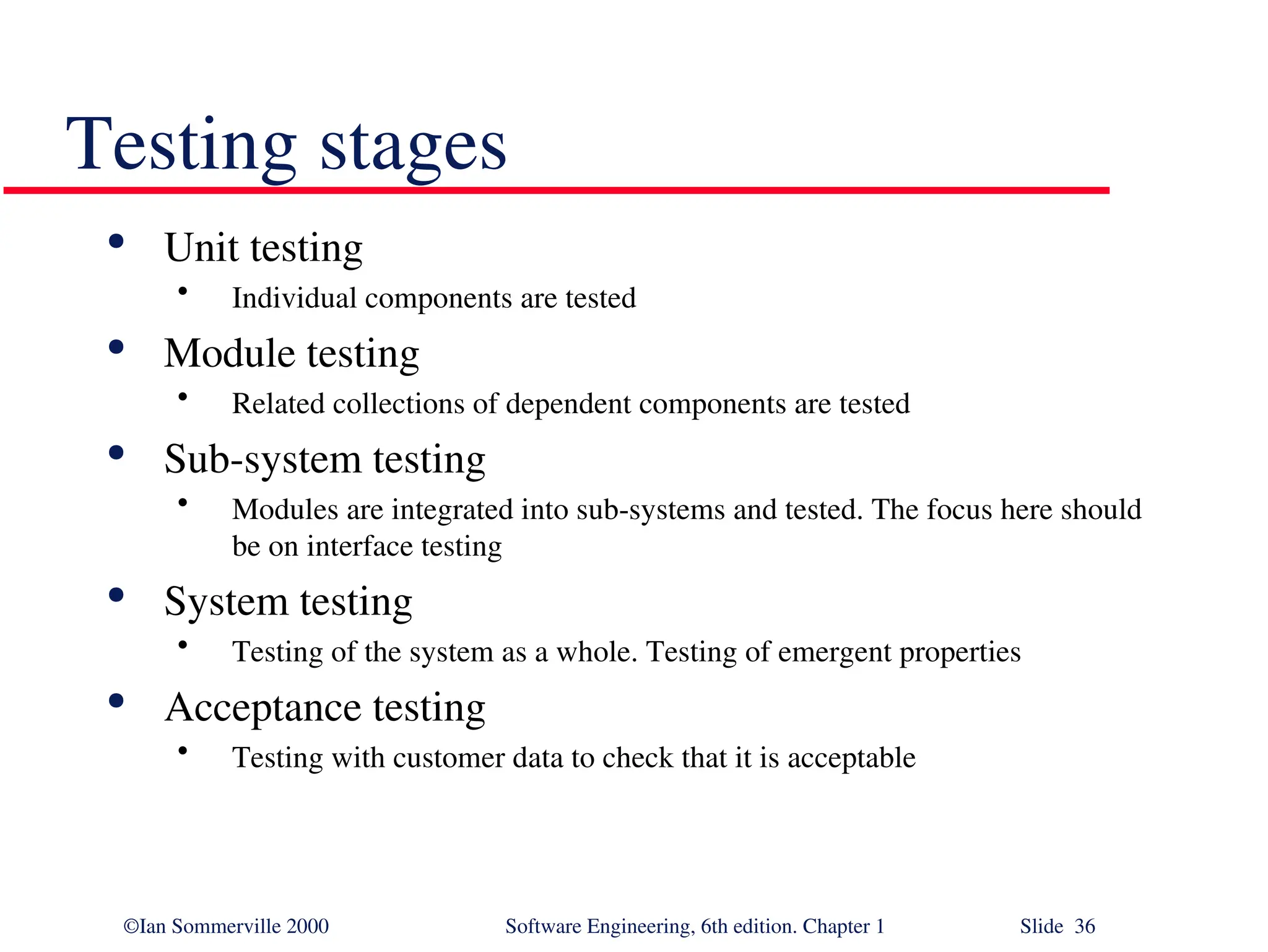 ©Ian Sommerville 2000 Software Engineering, 6th edition. Chapter 1 Slide 36 Testing stages  Unit testing • Individual components are tested  Module testing • Related collections of dependent components are tested  Sub-system testing • Modules are integrated into sub-systems and tested. The focus here should be on interface testing  System testing • Testing of the system as a whole. Testing of emergent properties  Acceptance testing • Testing with customer data to check that it is acceptable 