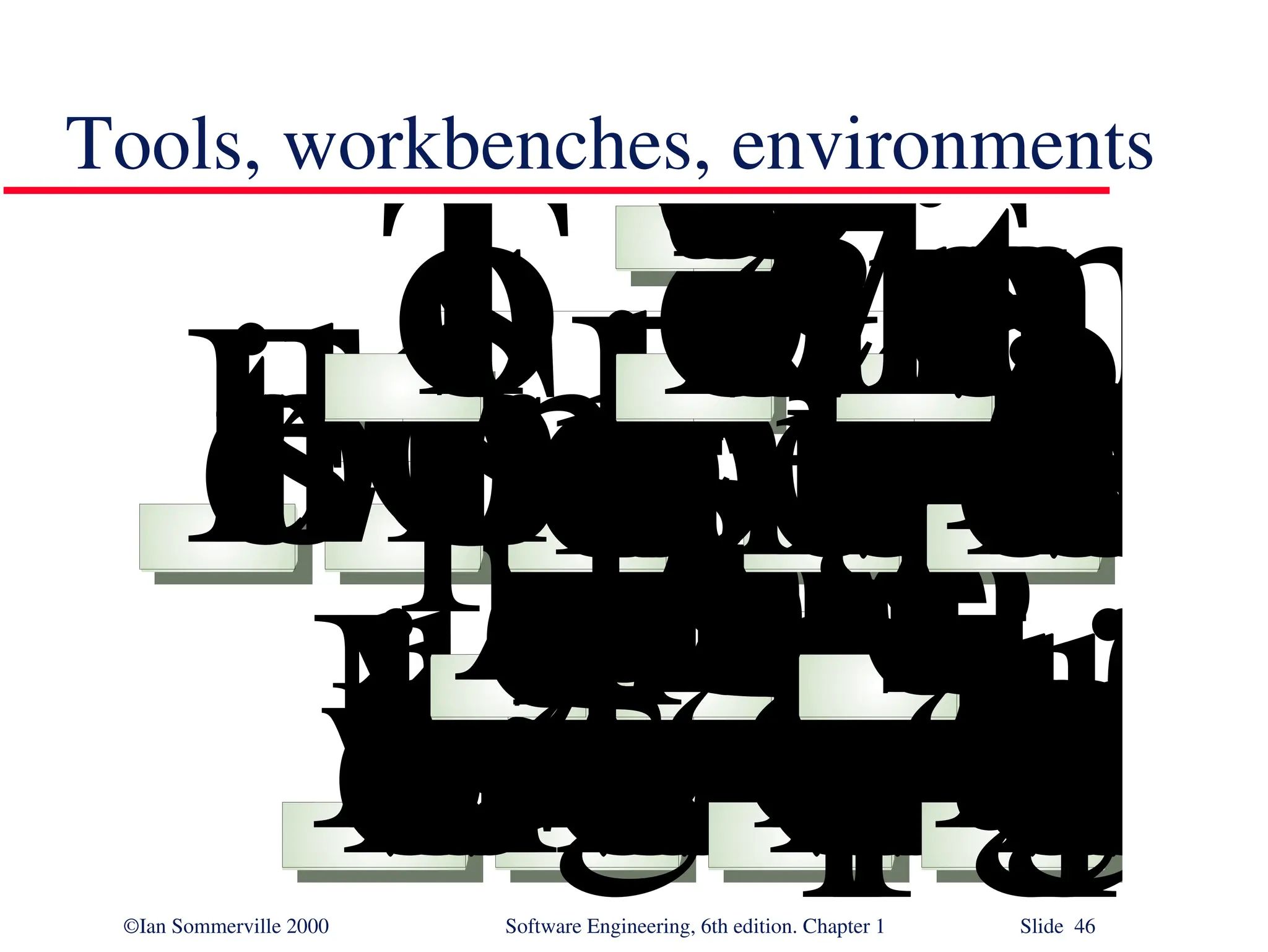 ©Ian Sommerville 2000 Software Engineering, 6th edition. Chapter 1 Slide 46 Tools, workbenches, environments S i n g l e - m e t h o d w o r k b e n c h e sG e n e r a l - p u r p o s e w o r k b e n c h e s M u l t i - m e t h o d w o r k b e n c h e s L a n g u a g e - s p e c i f i c w o r k b e n c h e s P r o g r a m m i n gT e s t i n g A n a l y s i s a n d d e s i g n I n t e g r a t e d e n v i r o n m e n t sP r o c e s s - c e n t r e d e n v i r o n m e n t s F i l e c o m p a r a t o r s C o m p i l e r s E d i t o r s E n v i r o n m e n t s W o r k b e n c h e s T o o l s C A S E t e c h n o l o g y 