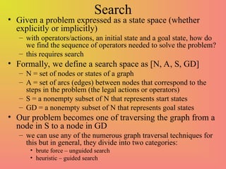 Search
• Given a problem expressed as a state space (whether
explicitly or implicitly)
– with operators/actions, an initial state and a goal state, how do
we find the sequence of operators needed to solve the problem?
– this requires search
• Formally, we define a search space as [N, A, S, GD]
– N = set of nodes or states of a graph
– A = set of arcs (edges) between nodes that correspond to the
steps in the problem (the legal actions or operators)
– S = a nonempty subset of N that represents start states
– GD = a nonempty subset of N that represents goal states
• Our problem becomes one of traversing the graph from a
node in S to a node in GD
– we can use any of the numerous graph traversal techniques for
this but in general, they divide into two categories:
• brute force – unguided search
• heuristic – guided search
 