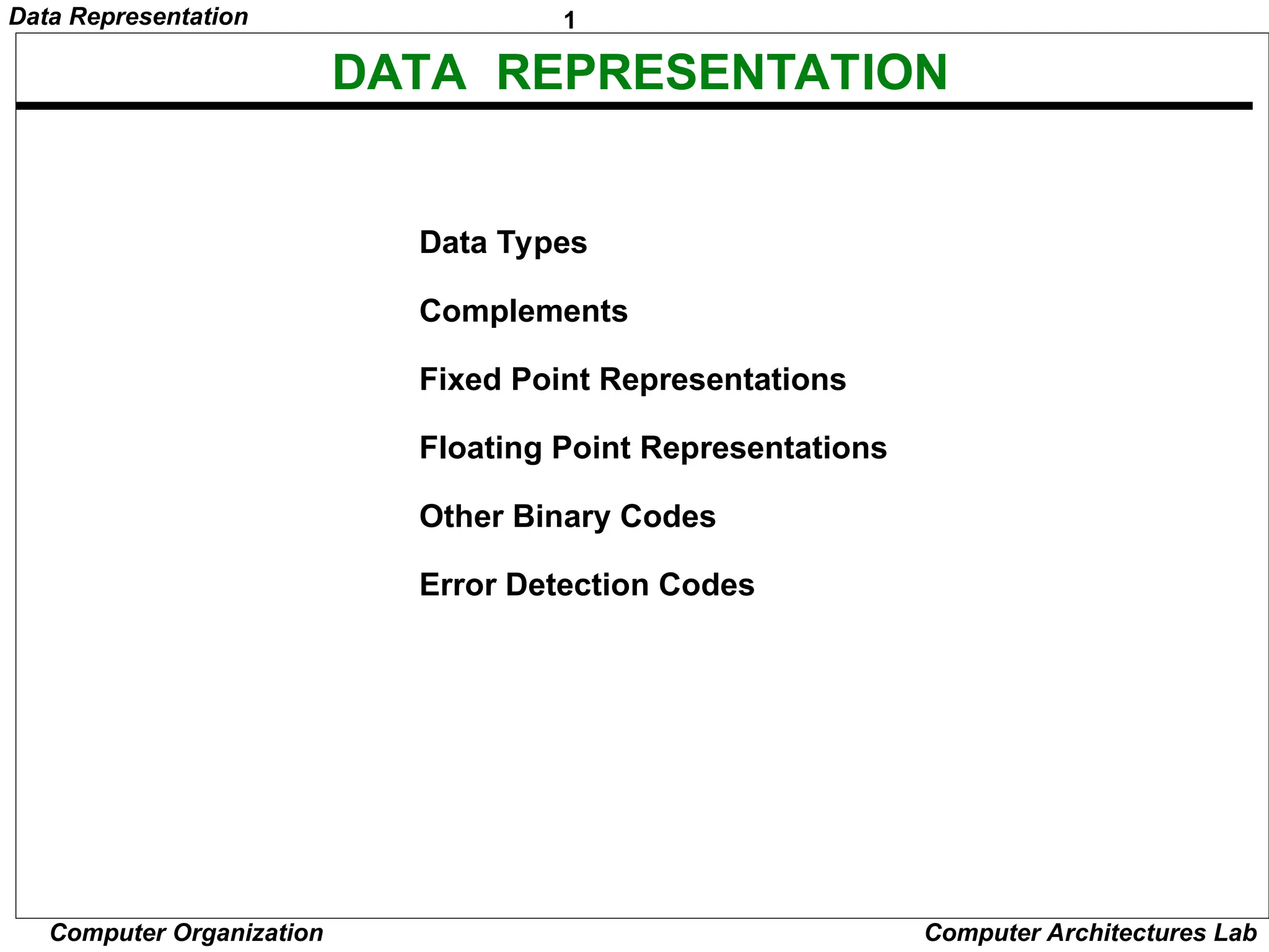 1 Data Representation Computer Organization Computer Architectures Lab DATA REPRESENTATION Data Types Complements Fixed Point Representations Floating Point Representations Other Binary Codes Error Detection Codes 