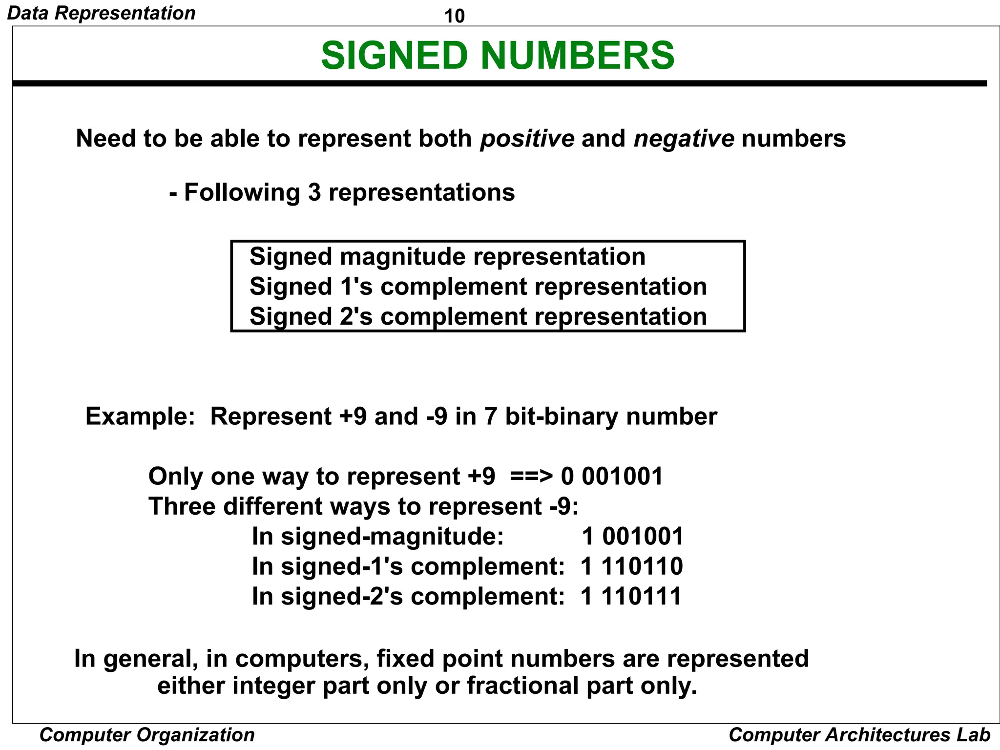 10 Data Representation Computer Organization Computer Architectures Lab SIGNED NUMBERS Signed magnitude representation Signed 1's complement representation Signed 2's complement representation Example: Represent +9 and -9 in 7 bit-binary number Only one way to represent +9 ==> 0 001001 Three different ways to represent -9: In signed-magnitude: 1 001001 In signed-1's complement: 1 110110 In signed-2's complement: 1 110111 In general, in computers, fixed point numbers are represented either integer part only or fractional part only. Need to be able to represent both positive and negative numbers - Following 3 representations 