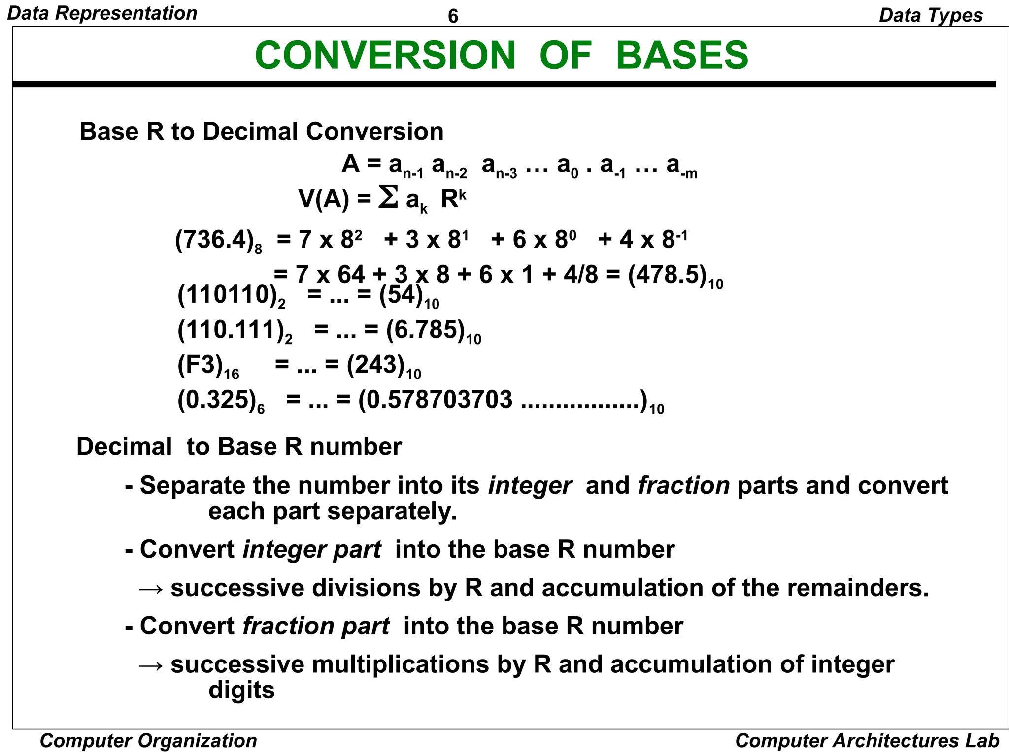 6 Data Representation Computer Organization Computer Architectures Lab CONVERSION OF BASES Decimal to Base R number Base R to Decimal Conversion V(A) =  akRk A = an-1 an-2 an-3 … a0 . a-1 … a-m (736.4)8 = 7 x 82 + 3 x 81 + 6 x 80 + 4 x 8-1 = 7 x 64 + 3 x 8 + 6 x 1 + 4/8 = (478.5)10 (110110)2 = ... = (54)10 (110.111)2 = ... = (6.785)10 (F3)16 = ... = (243)10 (0.325)6 = ... = (0.578703703 .................)10 - Separate the number into its integer and fraction parts and convert each part separately. - Convert integer part into the base R number → successive divisions by R and accumulation of the remainders. - Convert fraction part into the base R number → successive multiplications by R and accumulation of integer digits Data Types 