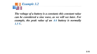 3.13
The voltage of a battery is a constant; this constant value
can be considered a sine wave, as we will see later. For
example, the peak value of an AA battery is normally
1.5 V.
Example 3.2
 