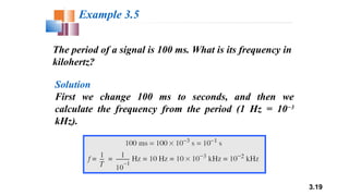 3.19
The period of a signal is 100 ms. What is its frequency in
kilohertz?
Example 3.5
Solution
First we change 100 ms to seconds, and then we
calculate the frequency from the period (1 Hz = 10−3
kHz).
 