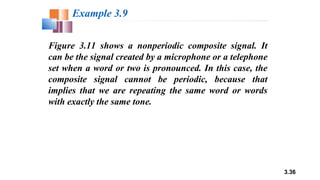 3.36
Figure 3.11 shows a nonperiodic composite signal. It
can be the signal created by a microphone or a telephone
set when a word or two is pronounced. In this case, the
composite signal cannot be periodic, because that
implies that we are repeating the same word or words
with exactly the same tone.
Example 3.9
 