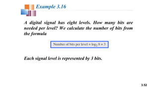 3.52
A digital signal has eight levels. How many bits are
needed per level? We calculate the number of bits from
the formula
Example 3.16
Each signal level is represented by 3 bits.
 