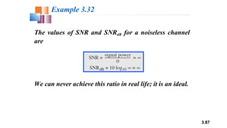 3.87
The values of SNR and SNRdB for a noiseless channel
are
Example 3.32
We can never achieve this ratio in real life; it is an ideal.
 