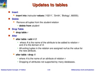 ©Silberschatz, Korth and Sudarshan
3.10
Database System Concepts - 6th
Edition
Updates to tables
Updates to tables
 Insert
 insert into instructor values (‘10211’, ’Smith’, ’Biology’, 66000);
 Delete
 Remove all tuples from the student relation
 delete from student
 Drop Table
 drop table r
 Alter
 alter table r add A D
 where A is the name of the attribute to be added to relation r
and D is the domain of A.
 All exiting tuples in the relation are assigned null as the value for
the new attribute.
 alter table r drop A
 where A is the name of an attribute of relation r
 Dropping of attributes not supported by many databases.
 