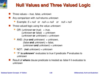 ©Silberschatz, Korth and Sudarshan
3.30
Database System Concepts - 6th
Edition
Null Values and Three Valued Logic
Null Values and Three Valued Logic
 Three values – true, false, unknown
 Any comparison with null returns unknown
 Example: 5 < null or null <> null or null = null
 Three-valued logic using the value unknown:
 OR: (unknown or true) = true,
(unknown or false) = unknown
(unknown or unknown) = unknown
 AND: (true and unknown) = unknown,
(false and unknown) = false,
(unknown and unknown) = unknown
 NOT: (not unknown) = unknown
 “P is unknown” evaluates to true if predicate P evaluates to
unknown
 Result of where clause predicate is treated as false if it evaluates to
unknown
 