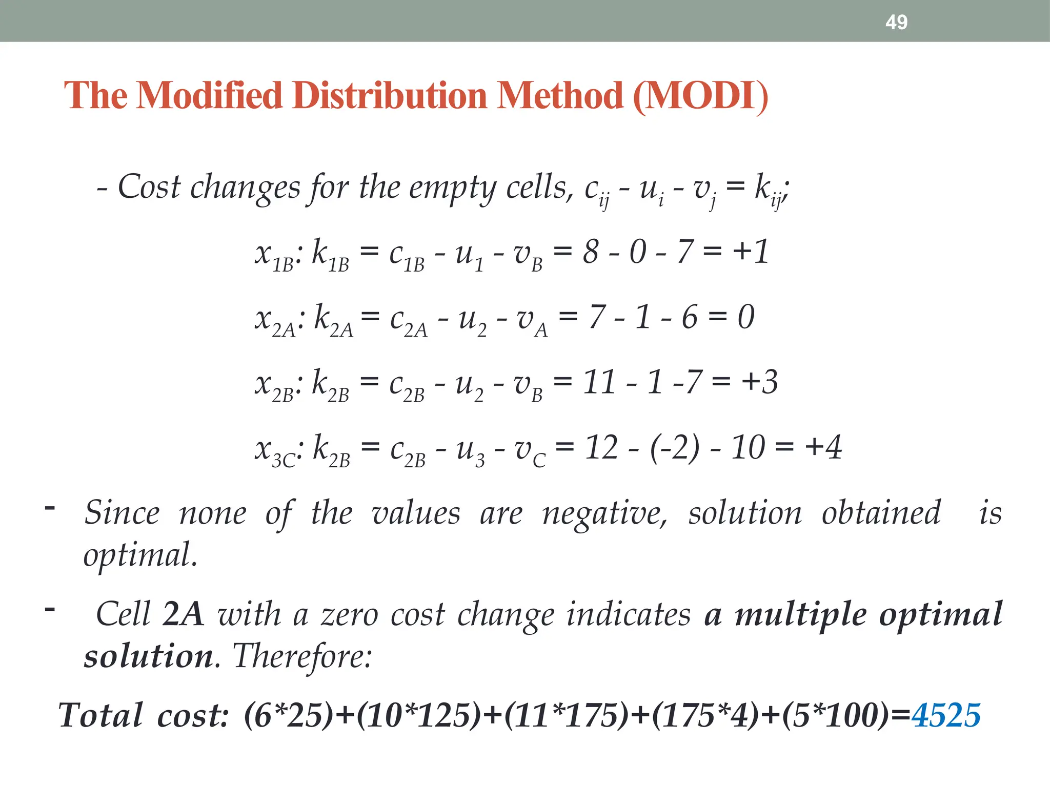 The Modified Distribution Method (MODI)
49
- Cost changes for the empty cells, cij - ui - vj = kij;
x1B: k1B = c1B - u1 - vB = 8 - 0 - 7 = +1
x2A: k2A = c2A - u2 - vA = 7 - 1 - 6 = 0
x2B: k2B = c2B - u2 - vB = 11 - 1 -7 = +3
x3C: k2B = c2B - u3 - vC = 12 - (-2) - 10 = +4
- Since none of the values are negative, solution obtained is
optimal.
- Cell 2A with a zero cost change indicates a multiple optimal
solution. Therefore:
Total cost: (6*25)+(10*125)+(11*175)+(175*4)+(5*100)=4525
 