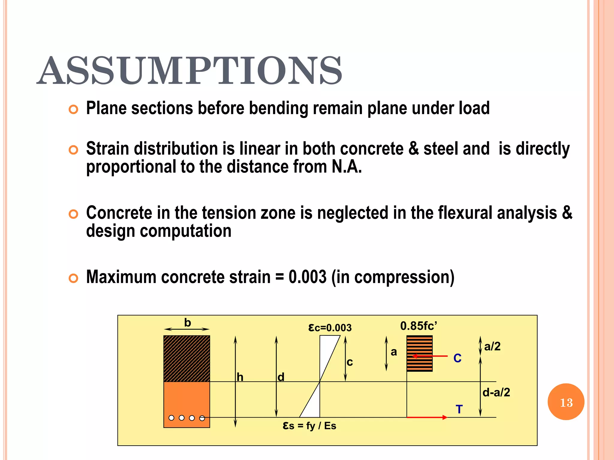 ASSUMPTIONS
 Plane sections before bending remain plane under load
 Strain distribution is linear in both concrete & steel and is directly
proportional to the distance from N.A.
 Concrete in the tension zone is neglected in the flexural analysis &
design computation
 Maximum concrete strain = 0.003 (in compression)
13
εc=0.003
εs = fy / Es
h d
c
0.85fc’
a a/2
d-a/2
b
C
T
 