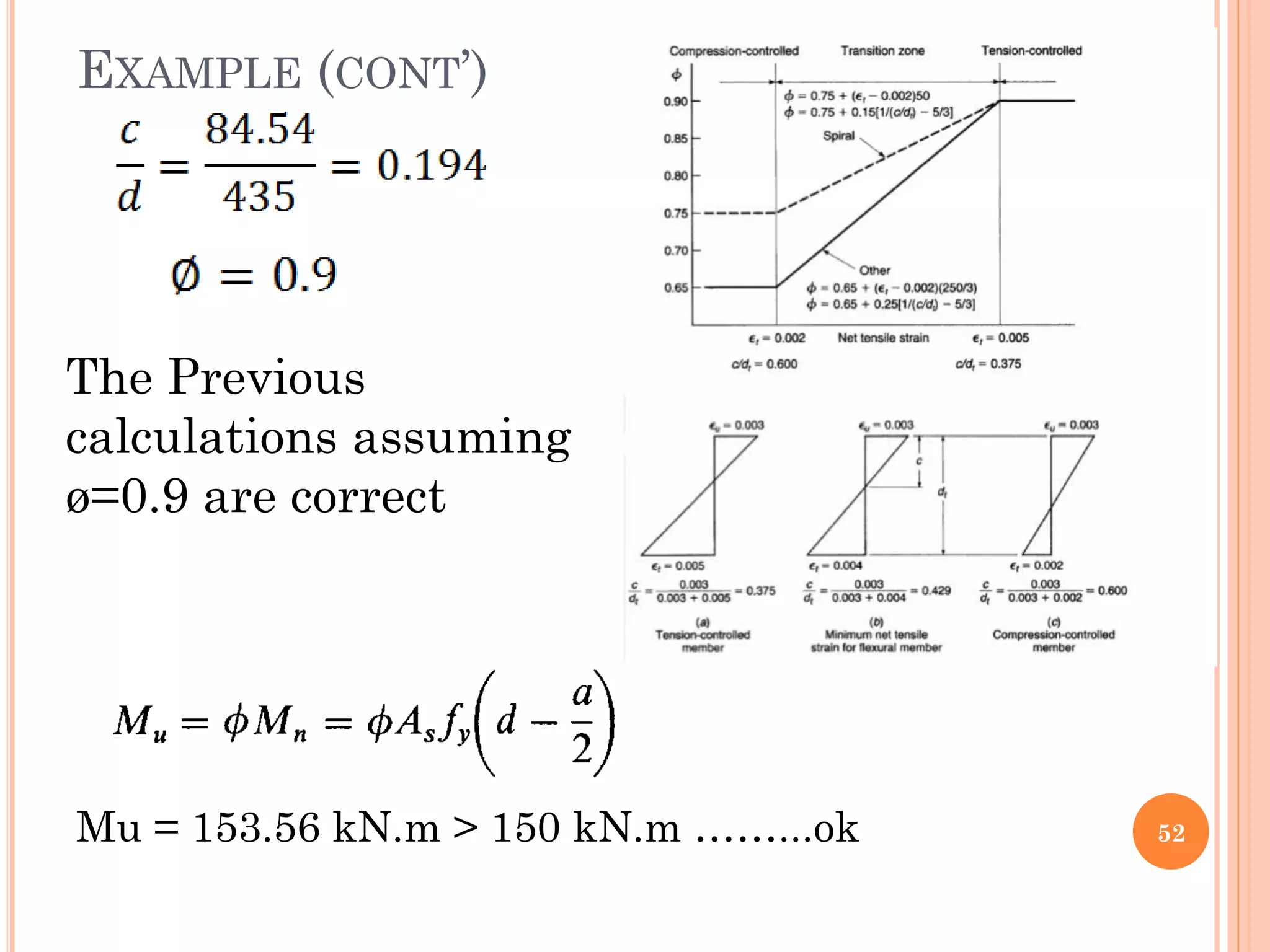 EXAMPLE (CONT’)
52
The Previous
calculations assuming
ø=0.9 are correct
Mu = 153.56 kN.m > 150 kN.m ……...ok
 
