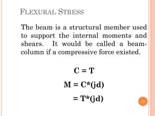 FLEXURAL STRESS
12
The beam is a structural member used
to support the internal moments and
shears. It would be called a beam-
column if a compressive force existed.
C = T
M = C*(jd)
= T*(jd)
 
