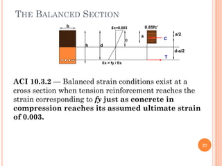 THE BALANCED SECTION
27
εc=0.003
εs = fy / Es
h d
c
0.85fc’
a a/2
d-a/2
b
C
T
ACI 10.3.2 — Balanced strain conditions exist at a
cross section when tension reinforcement reaches the
strain corresponding to fy just as concrete in
compression reaches its assumed ultimate strain
of 0.003.
 