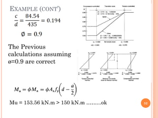 EXAMPLE (CONT’)
52
The Previous
calculations assuming
ø=0.9 are correct
Mu = 153.56 kN.m > 150 kN.m ……...ok
 