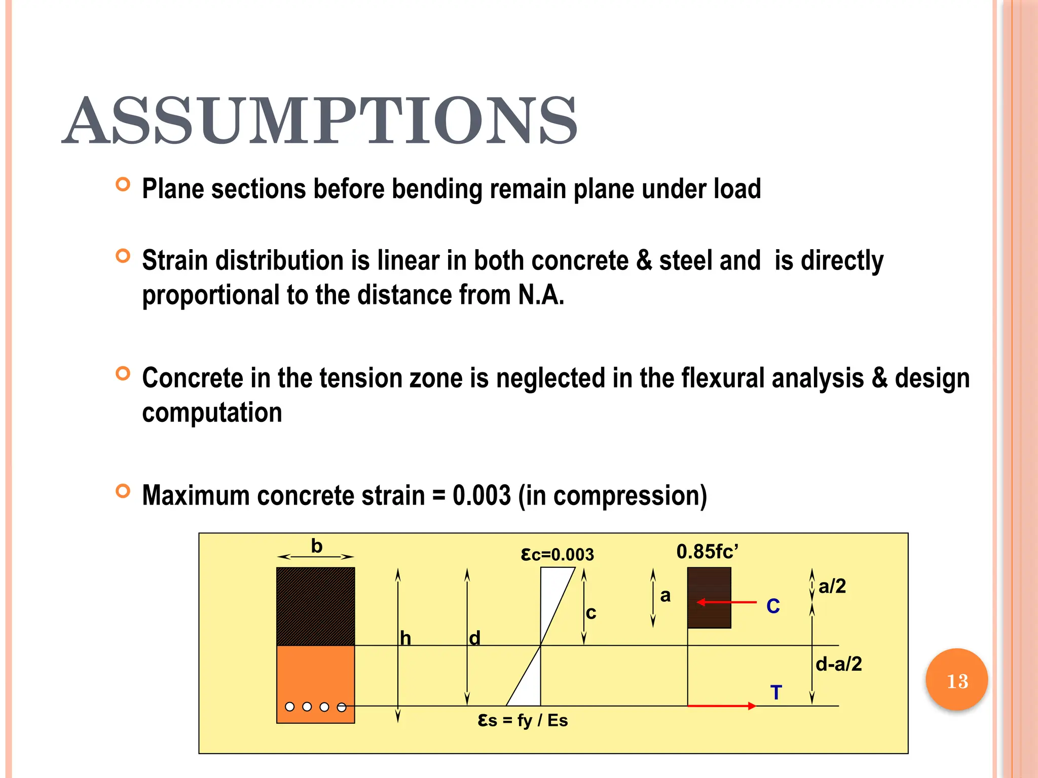 13
ASSUMPTIONS
 Plane sections before bending remain plane under load
 Strain distribution is linear in both concrete & steel and is directly
proportional to the distance from N.A.
 Concrete in the tension zone is neglected in the flexural analysis & design
computation
 Maximum concrete strain = 0.003 (in compression)
εc=0.003
εs = fy / Es
h d
c
0.85fc’
a a/2
d-a/2
b
C
T
 