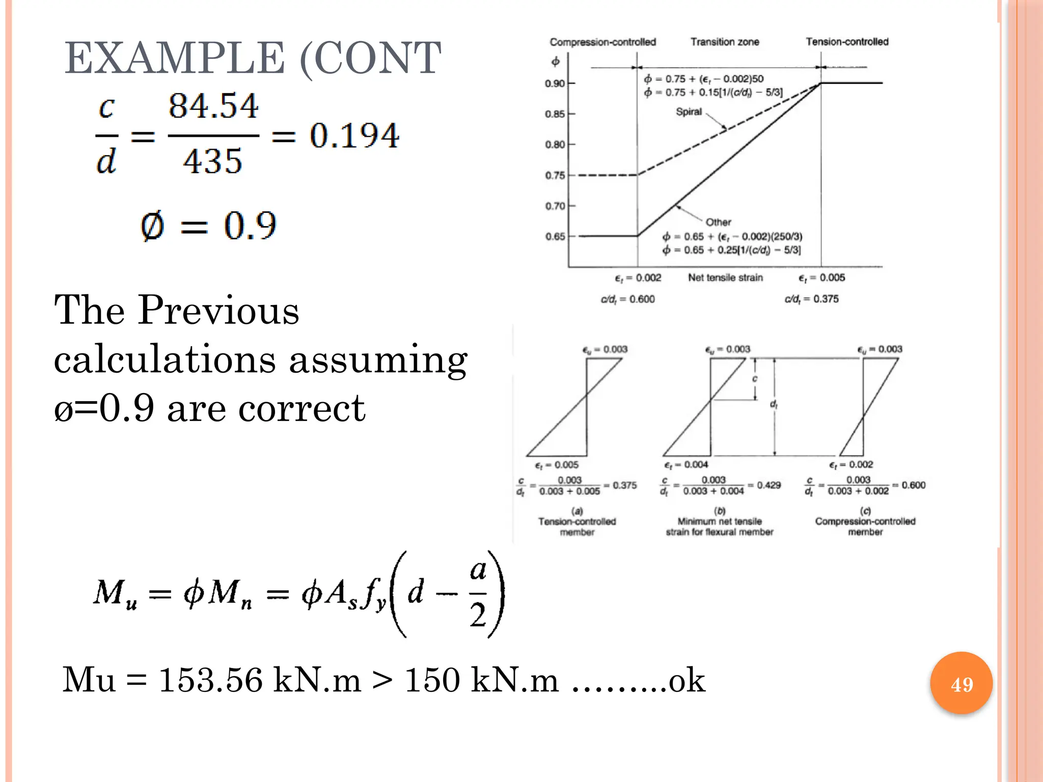 49
EXAMPLE (CONT’)
The Previous
calculations assuming
ø=0.9 are correct
Mu = 153.56 kN.m > 150 kN.m ……...ok
 