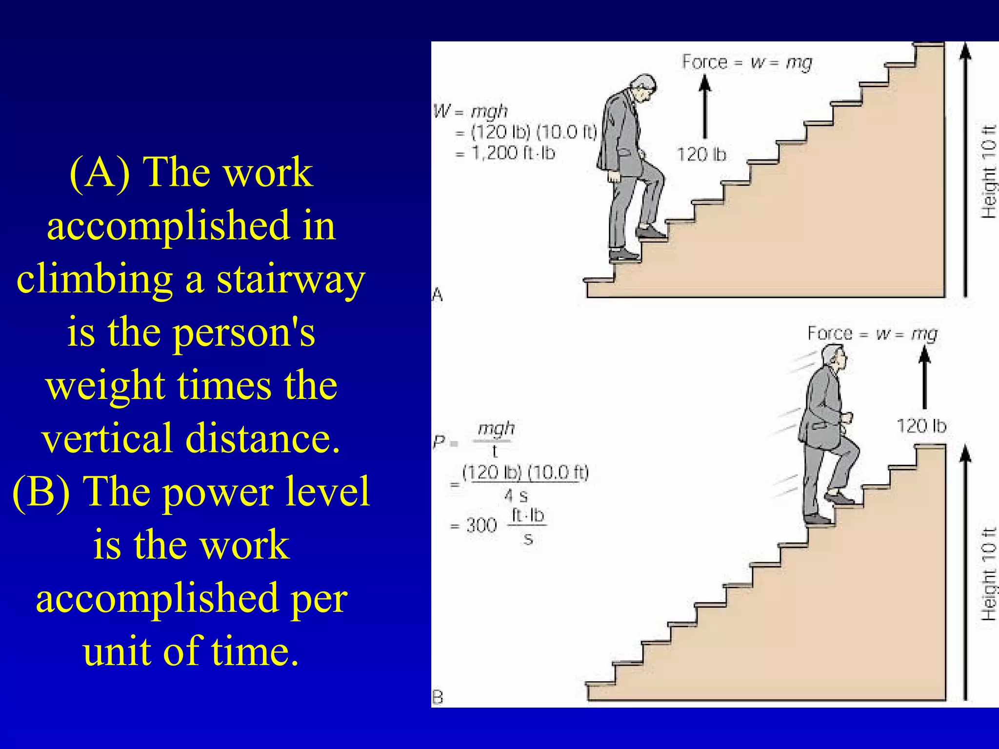 (A) The work
accomplished in
climbing a stairway
is the person's
weight times the
vertical distance.
(B) The power level
is the work
accomplished per
unit of time.
 