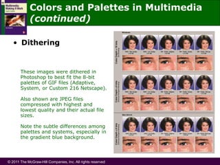 © 2011 The McGraw-Hill Companies, Inc. All rights reserved
These images were dithered in
Photoshop to best fit the 8-bit
palettes of GIF files (Adaptive,
System, or Custom 216 Netscape).
Also shown are JPEG files
compressed with highest and
lowest quality and their actual file
sizes.
Note the subtle differences among
palettes and systems, especially in
the gradient blue background.
• Dithering
Colors and Palettes in Multimedia
(continued)
 