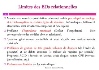 Limites des BDs relationnelles
24
 Modèle relationnel (représentation tabulaire) parfois peu adapté au stockage
et à l’interrogation de certains types de données : hiérarchiques, faiblement
structurées, semi-structurées, complexes et hétérogènes
 Problème d’Impedance mismatch (Défaut d’impédance) : Non
correspondance des modèles objet et relationnel.
 Systèmes généralement centralisés et non adaptés aux environnements
distribués.
 Problèmes de gestion de très grands volumes de données (de l’ordre du
pétaoctet) et de débits extrêmes (> milliers de requêtes par seconde)-
Propriétés ACID : Surcoût en latence, accès disques, temps CPU (verrous,
journalisation, etc.)
 Performances limitées par les accès disque
Bases de données NoSQL
 