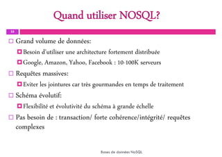 Quand utiliser NOSQL?
35
 Grand volume de données:
Besoin d'utiliser une architecture fortement distribuée
Google, Amazon, Yahoo, Facebook : 10-100K serveurs
 Requêtes massives:
Eviter les jointures car très gourmandes en temps de traitement
 Schéma évolutif:
Flexibilité et évolutivité du schéma à grande échelle
 Pas besoin de : transaction/ forte cohérence/intégrité/ requêtes
complexes
Bases de données NoSQL
 