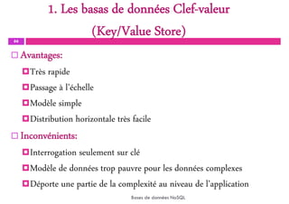 1. Les basas de données Clef-valeur
(Key/Value Store)
66
 Avantages:
Très rapide
Passage à l’échelle
Modèle simple
Distribution horizontale très facile
 Inconvénients:
Interrogation seulement sur clé
Modèle de données trop pauvre pour les données complexes
Déporte une partie de la complexité au niveau de l’application
Bases de données NoSQL
 