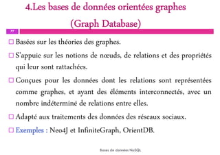 4.Les bases de données orientées graphes
(Graph Database)
77
 Basées sur les théories des graphes.
 S’appuie sur les notions de nœuds, de relations et des propriétés
qui leur sont rattachées.
 Conçues pour les données dont les relations sont représentées
comme graphes, et ayant des éléments interconnectés, avec un
nombre indéterminé de relations entre elles.
 Adapté aux traitements des données des réseaux sociaux.
 Exemples : Neo4J et InfiniteGraph, OrientDB.
Bases de données NoSQL
 