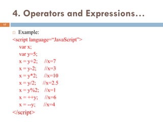4. Operators and Expressions…
 Example:
<script language=“JavaScript”>
var x;
var y=5;
x = y+2; //x=7
x = y-2; //x=3
x = y*2; //x=10
x = y/2; //x=2.5
x = y%2; //x=1
x = ++y; //x=6
x = --y; //x=4
</script>
17
 