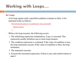 Working with Loops…
for Loops
 A for loop repeats until a specified condition evaluates to false. A for
statement looks as follows:
for ([initialization]; [condition]; [increment]){
Statement(s)
}
 When a for loop executes, the following occurs:
1. The initializing expression initialization, if any, is executed. This
expression usually initializes one or more loop counters.
2. The condition expression is evaluated. If the value of condition is true,
the loop statements execute. If the value of condition is false, the loop
terminates.
3. The statement executes.
4. Execute the increment expression, if there is one, and control returns to
step 2.
30
 