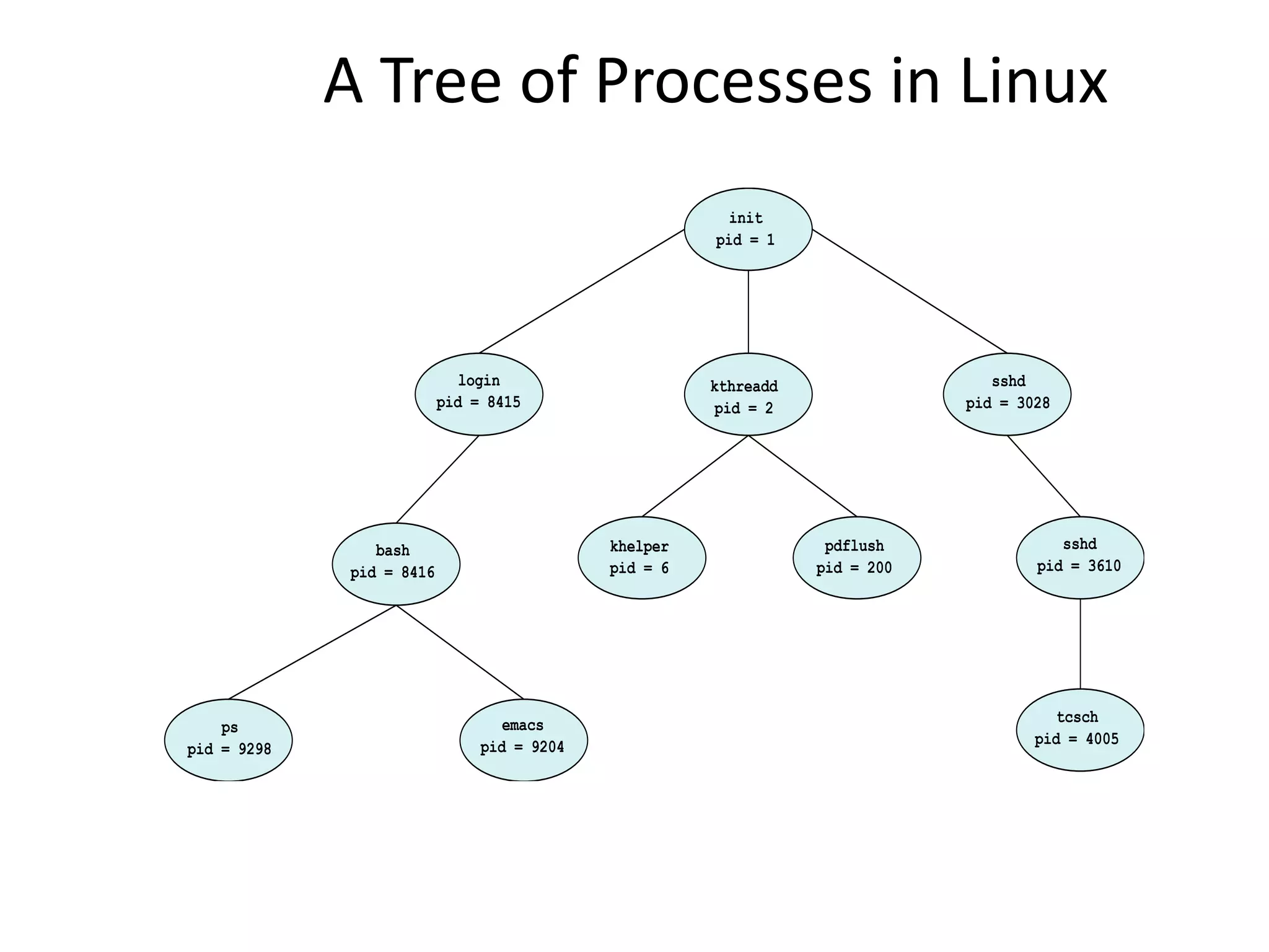 A Tree of Processes in Linux
init
pid = 1
sshd
pid = 3028
login
pid = 8415
kthreadd
pid = 2
sshd
pid = 3610
pdflush
pid = 200
khelper
pid = 6
tcsch
pid = 4005
emacs
pid = 9204
bash
pid = 8416
ps
pid = 9298
 